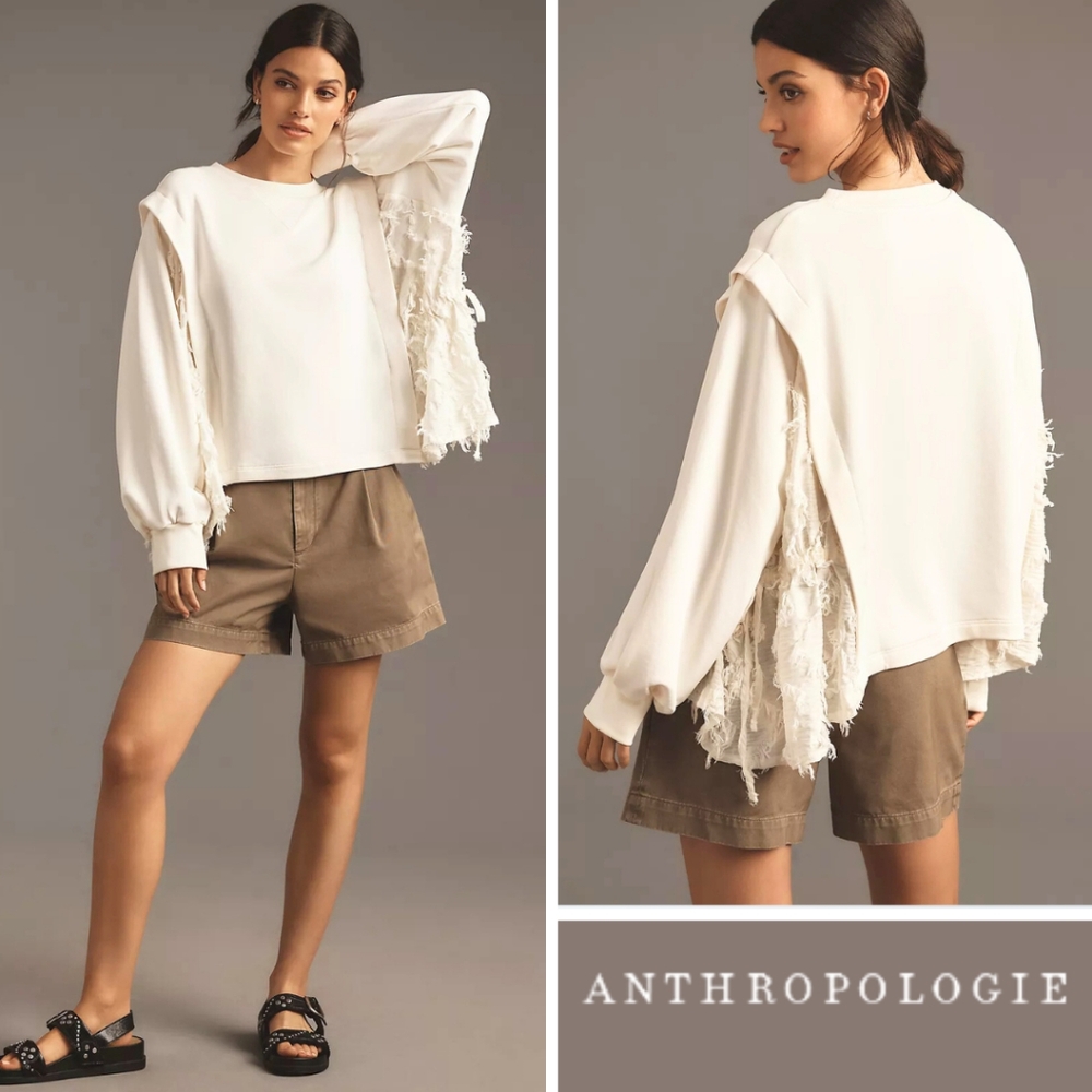 By Anthropologie Twofer Sweatshirt In White/Ivory Puff Sleeves Relaxed Size M